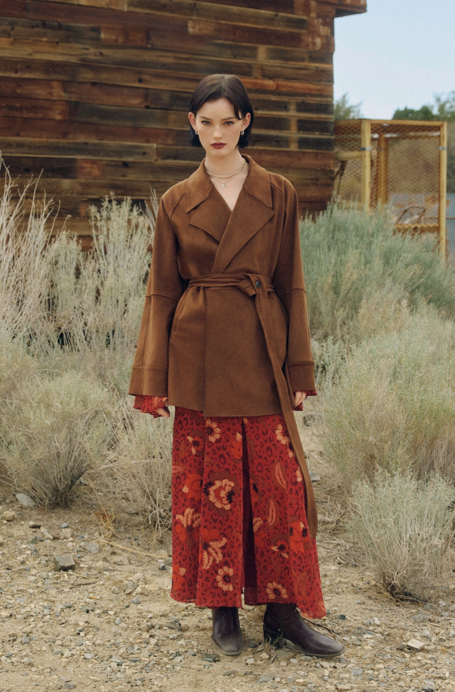 HARVEST Boho Floral Bell Sleeve Dress in Brandy Wine Red
