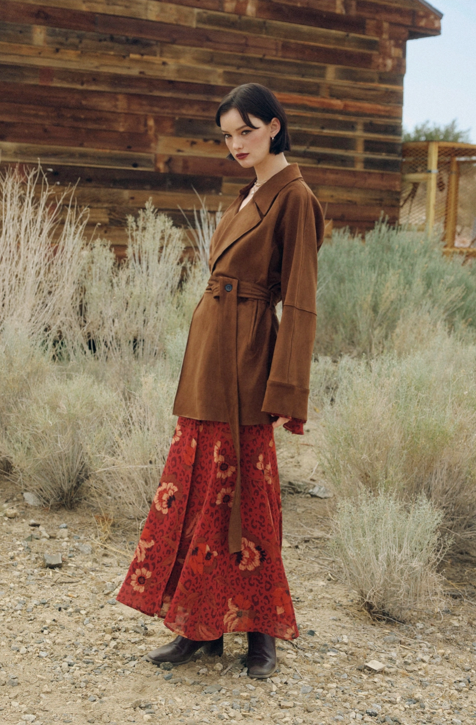 HARVEST Boho Floral Bell Sleeve Dress in Brandy Wine Red