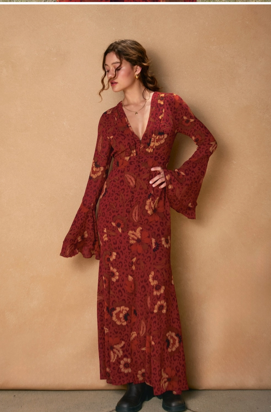 HARVEST Boho Floral Bell Sleeve Dress in Brandy Wine Red
