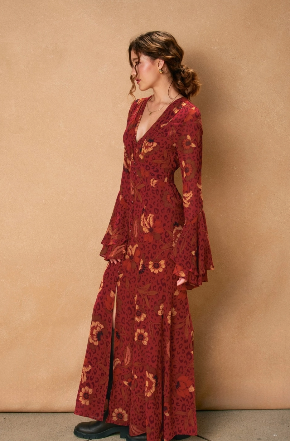 HARVEST Boho Floral Bell Sleeve Dress in Brandy Wine Red