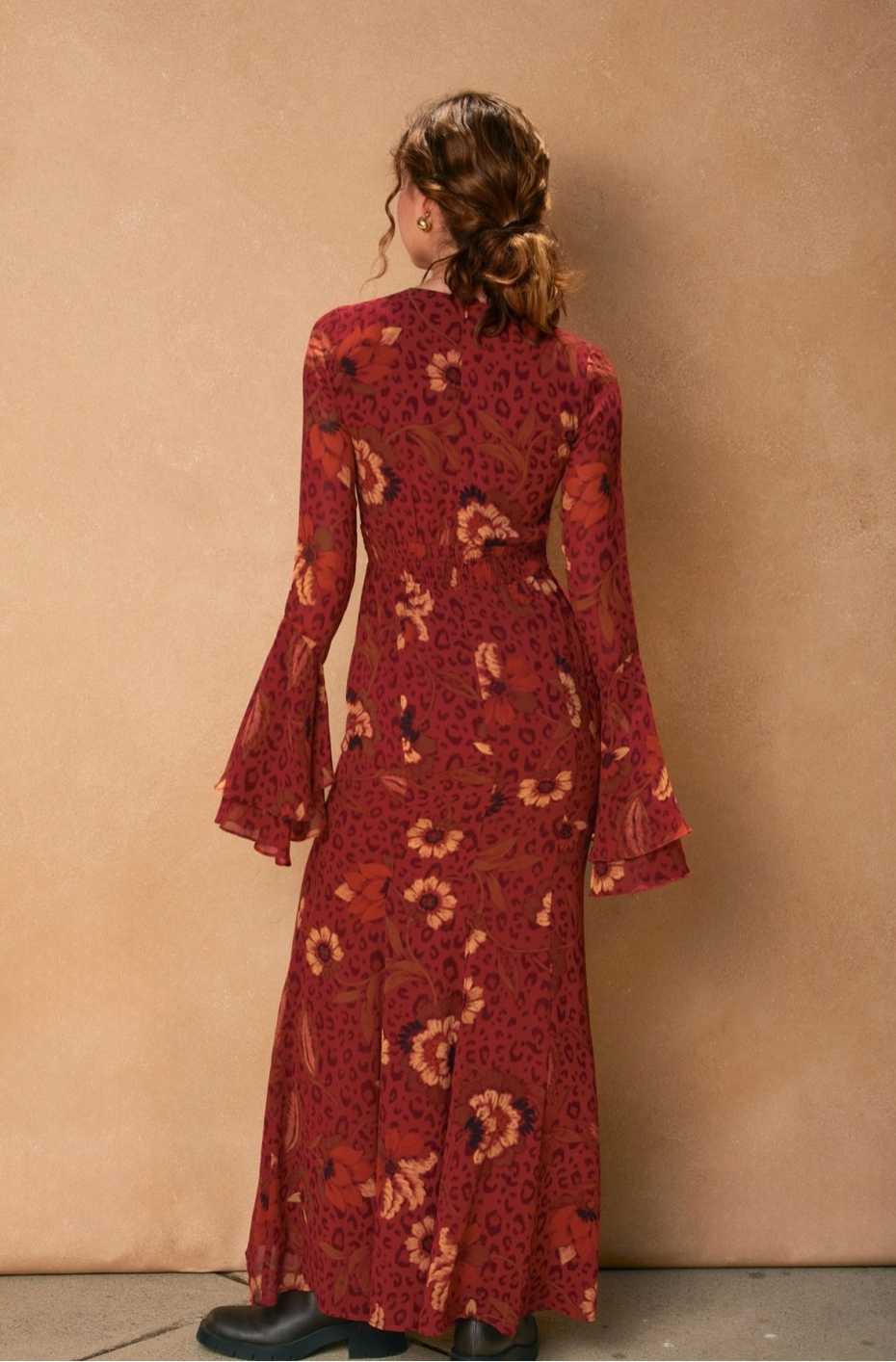HARVEST Boho Floral Bell Sleeve Dress in Brandy Wine Red