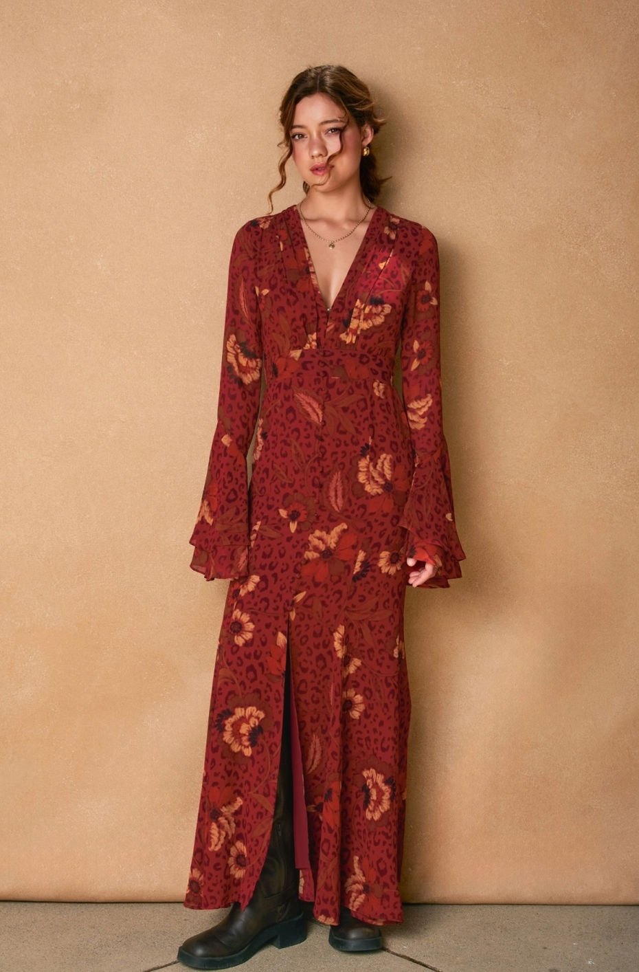 HARVEST Boho Floral Bell Sleeve Dress in Brandy Wine Red