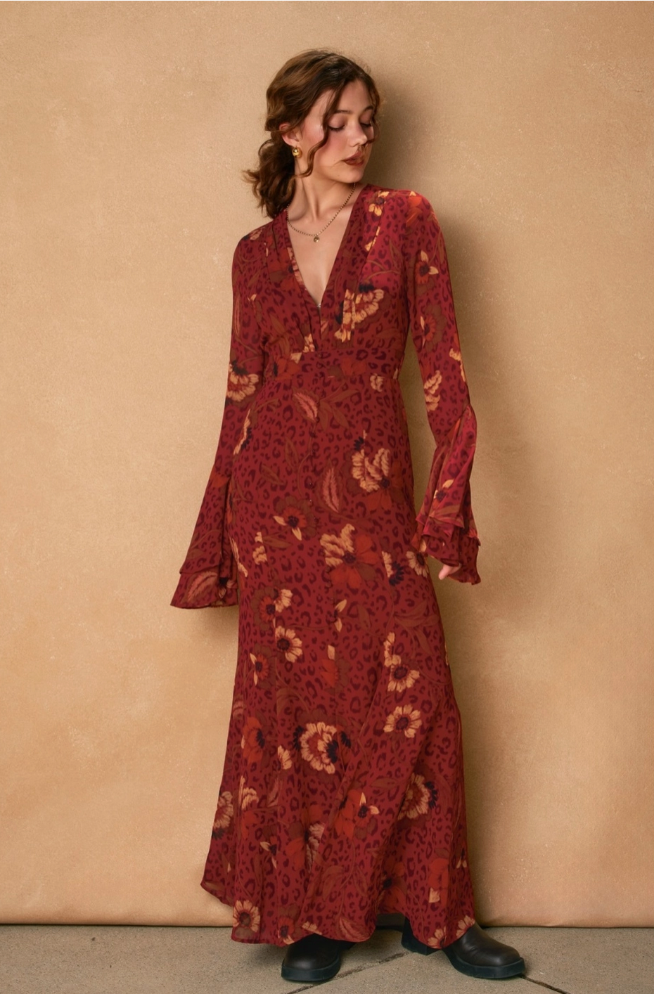 HARVEST Boho Floral Bell Sleeve Dress in Brandy Wine Red
