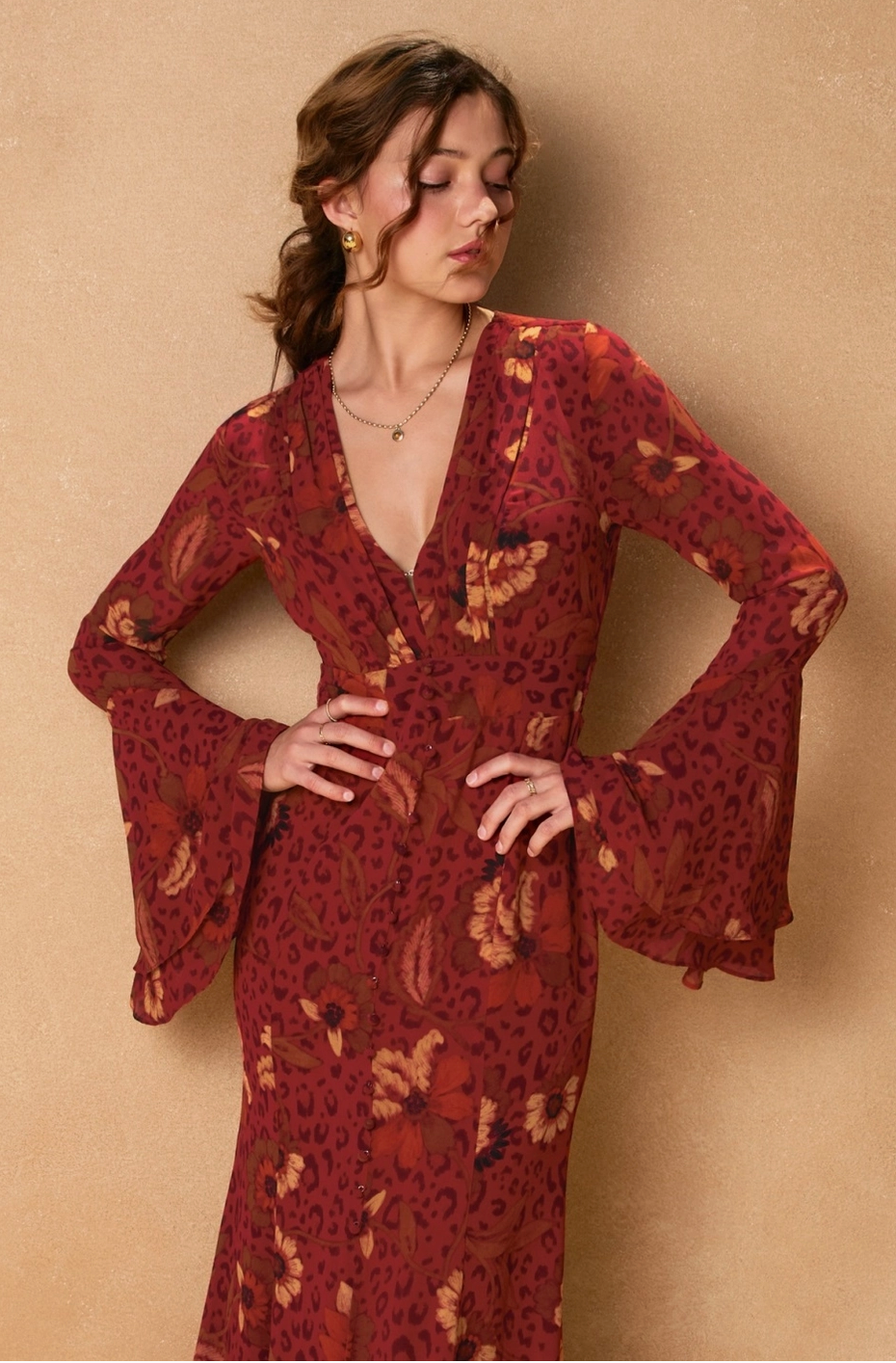 HARVEST Boho Floral Bell Sleeve Dress in Brandy Wine Red