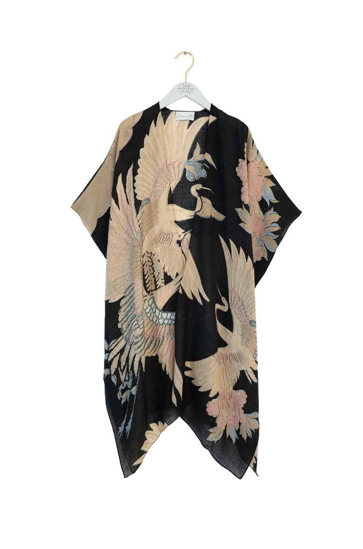 WOOL Throwover Kimono in Black Crane - WTHCRABLK
