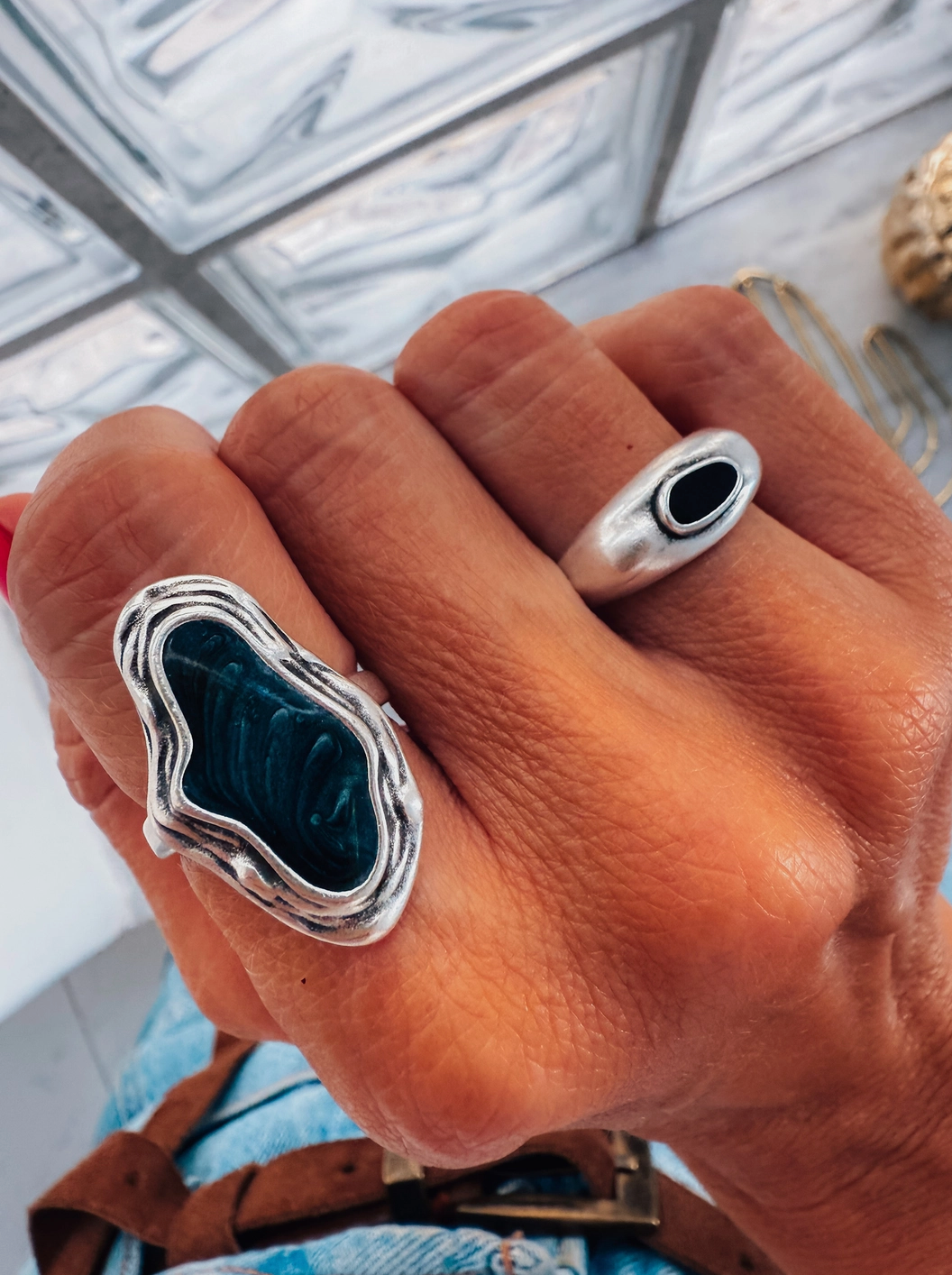 CYBER Silver Band Ring With Black Enamel Stone