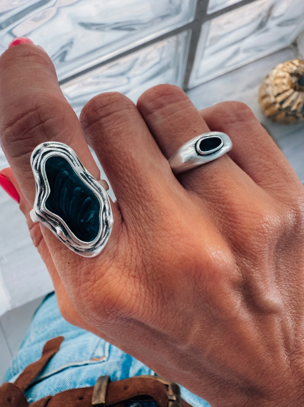 CYBER Silver Band Ring With Black Enamel Stone
