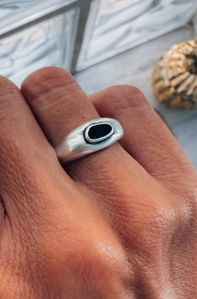 CYBER Silver Band Ring With Black Enamel Stone