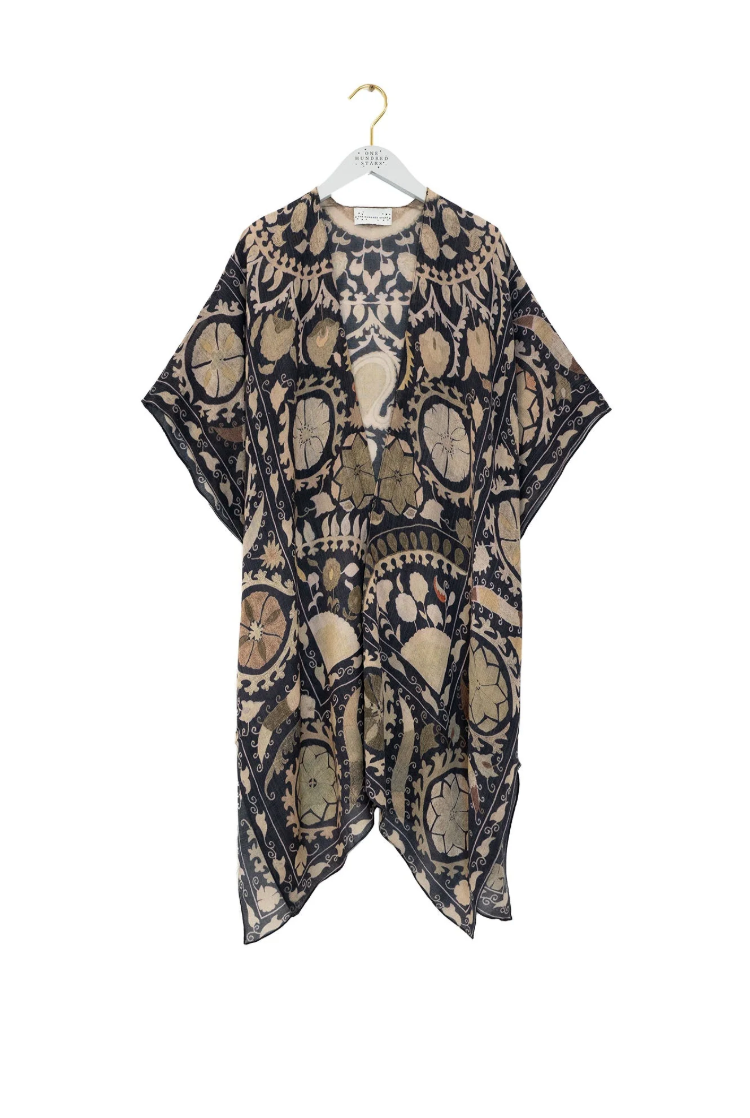WOOL Throwover Kimono in Charcoal Susani Print - WTHSUSCHA