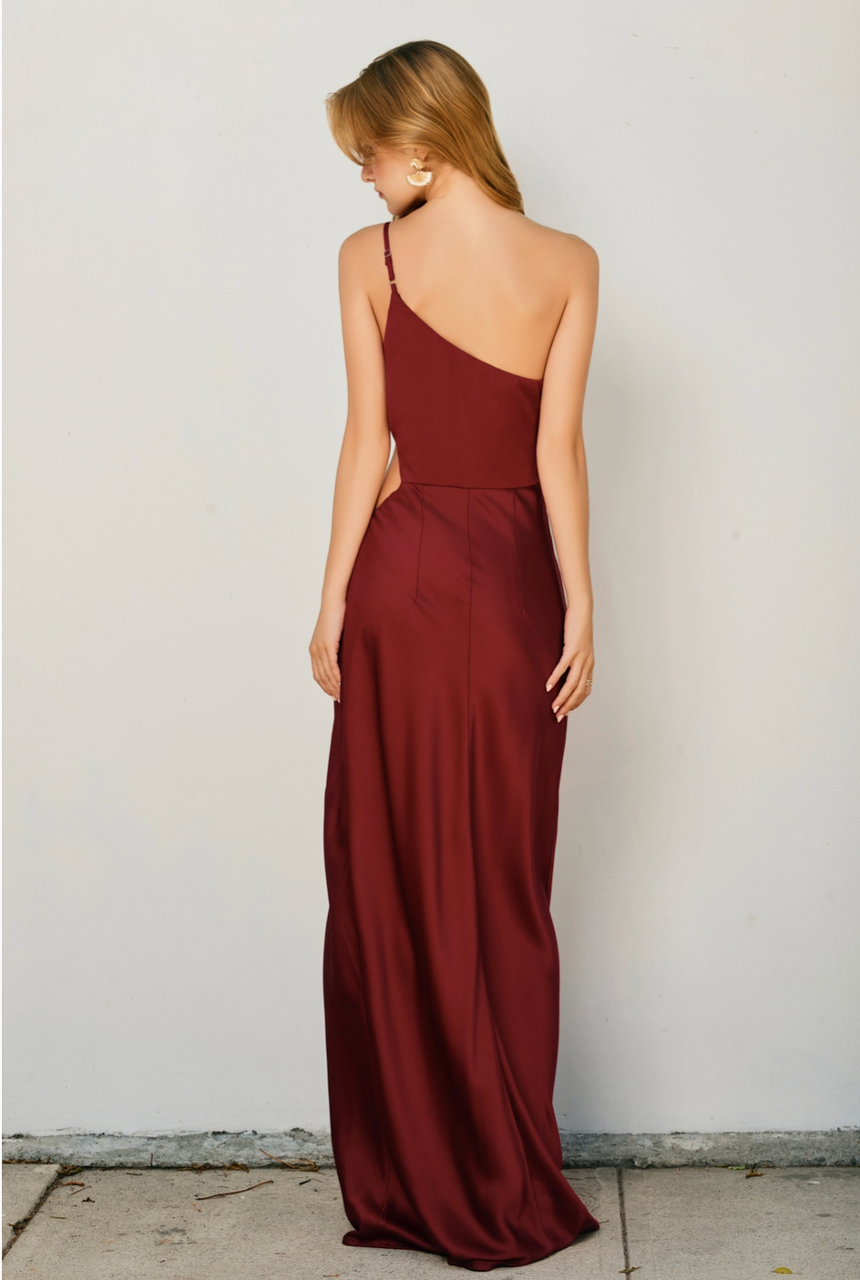 MAPLE Asymmetric Silk Feel Gown with Split in Crimson Red