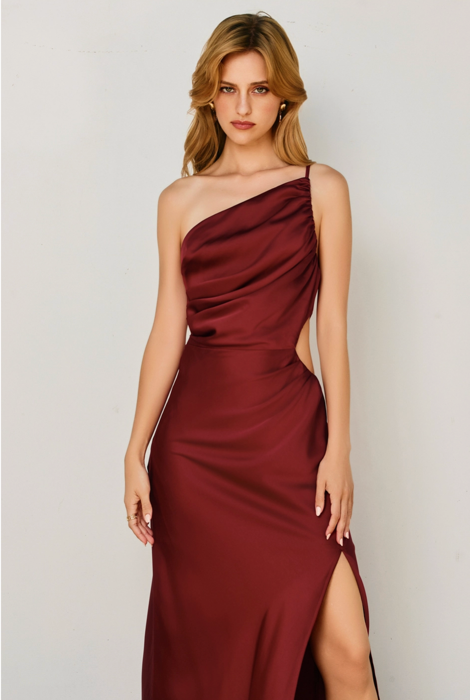 MAPLE Asymmetric Silk Feel Gown with Split in Crimson Red Suki's Wardrobe MAPLE Asymmetric Silk Feel Gown with Split in Crimson Red Suki's Wardrobe