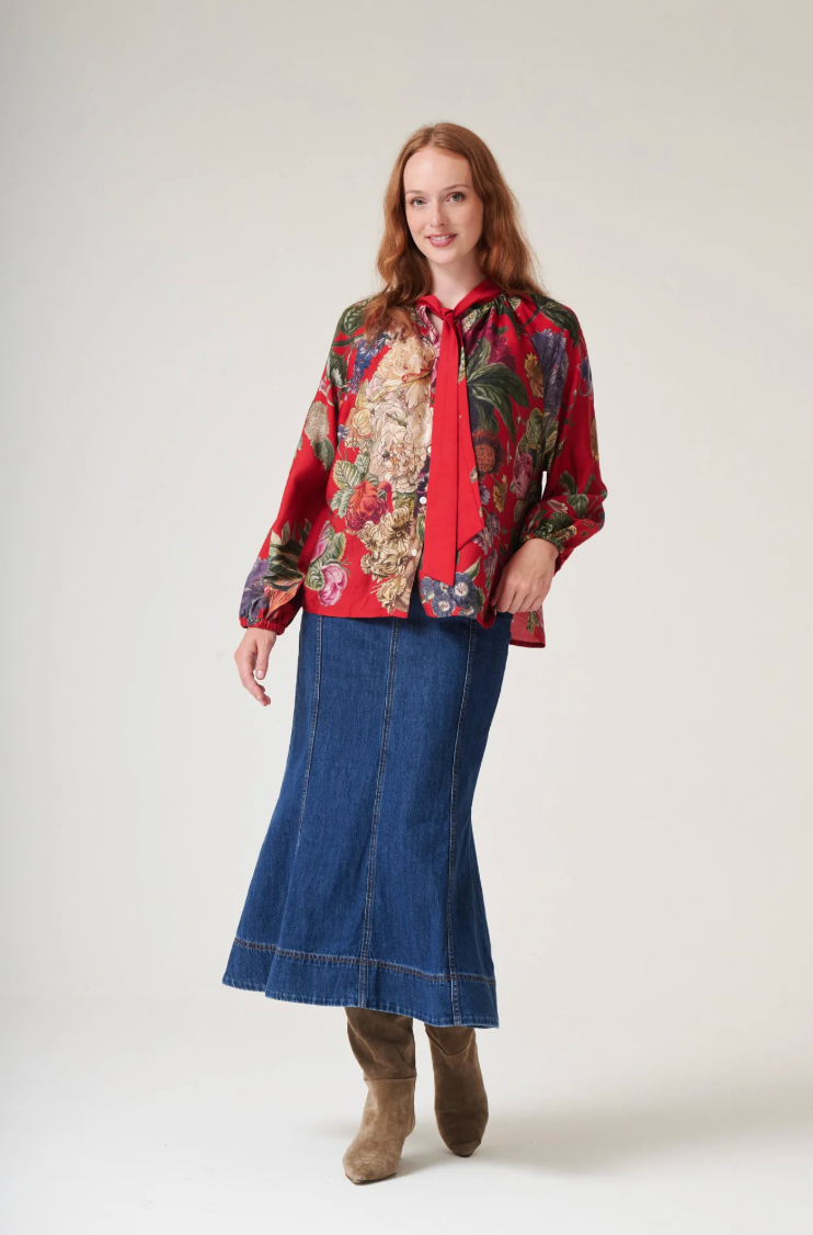 One Hundred Stars Pussy Bow Blouse in Berry Primula Print - TPBPRIBER