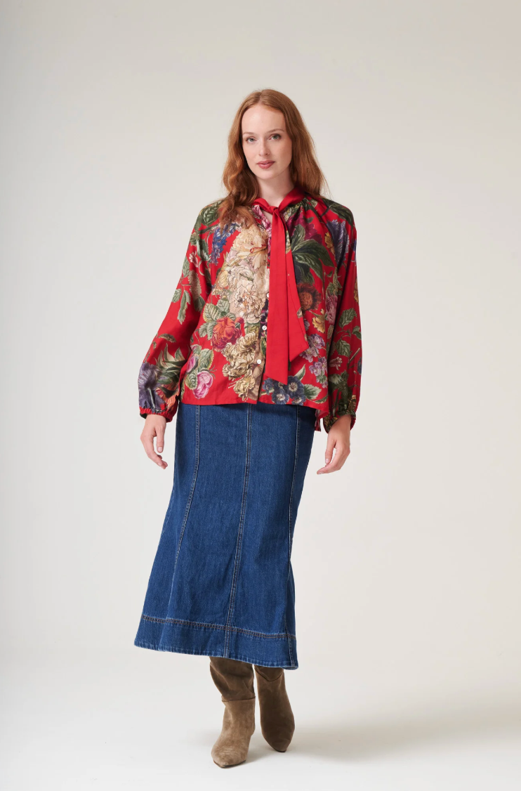 One Hundred Stars Pussy Bow Blouse in Berry Primula Print - TPBPRIBER