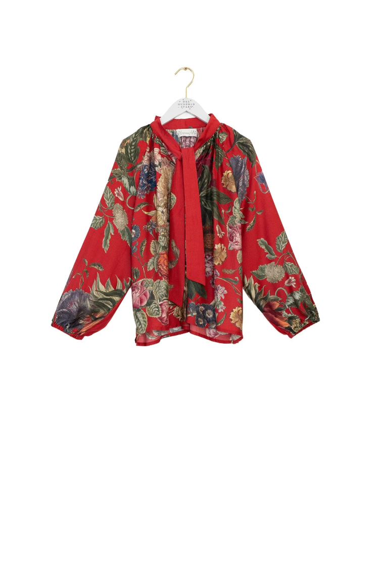 One Hundred Stars Pussy Bow Blouse in Berry Primula Print - TPBPRIBER