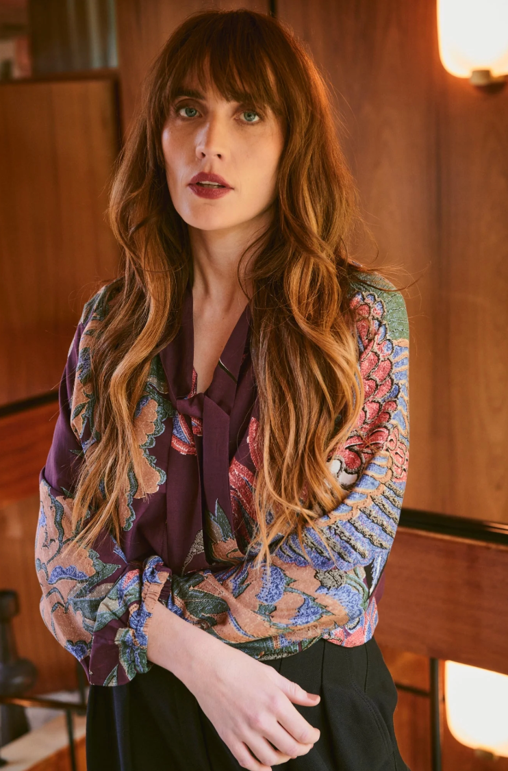 One Hundred Stars Pussy Bow Blouse in Burgundy Plum Crane Print - TPBCRAPLU