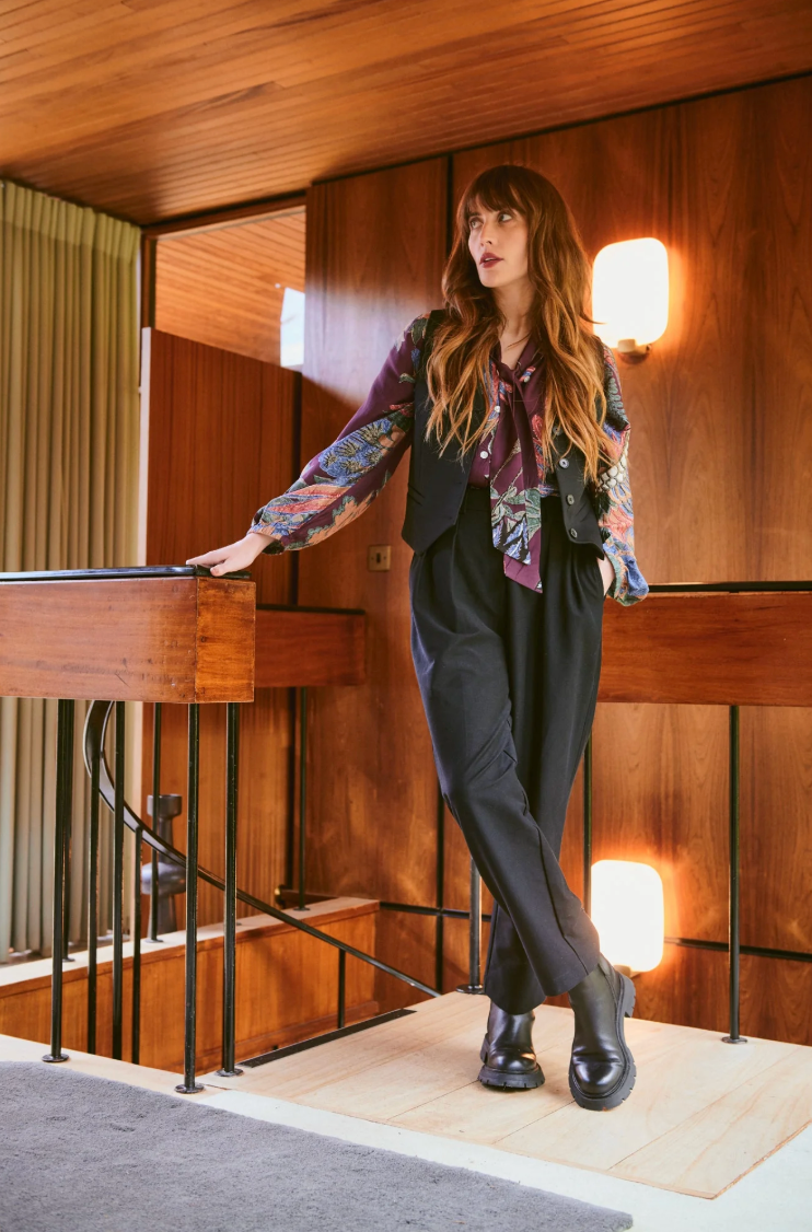 One Hundred Stars Pussy Bow Blouse in Burgundy Plum Crane Print - TPBCRAPLU