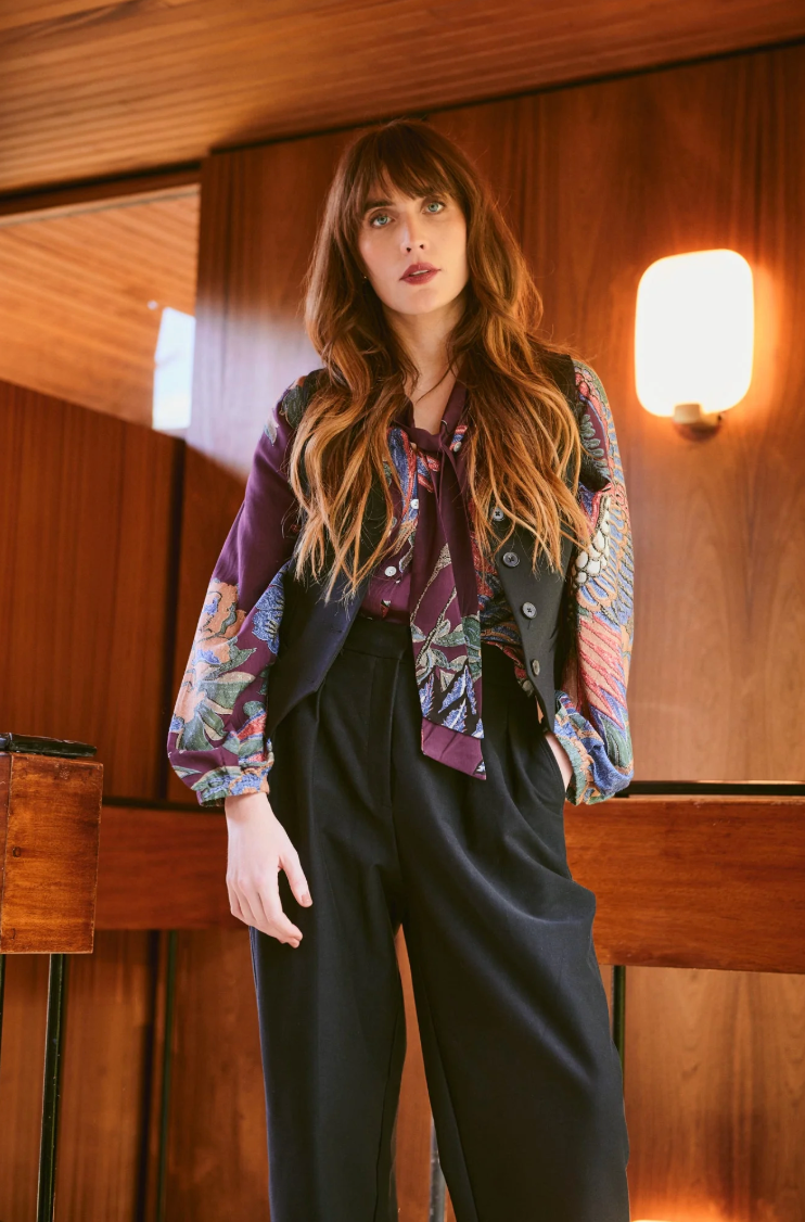 One Hundred Stars Pussy Bow Blouse in Burgundy Plum Crane Print - TPBCRAPLU