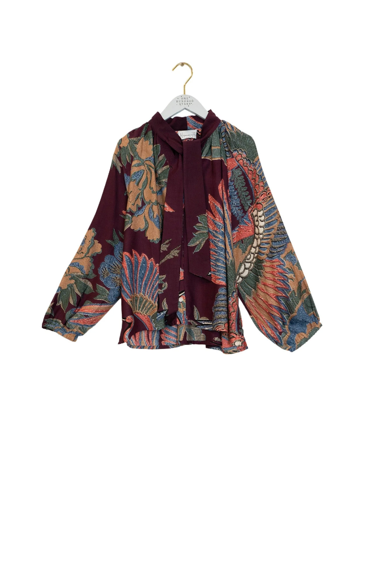 One Hundred Stars Pussy Bow Blouse in Burgundy Plum Crane Print - TPBCRAPLU