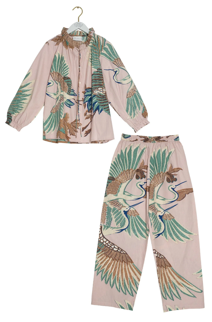 One Hundred Stars Cotton Pyjama Set in Plaster Pink Crane Print - PJSCRAPIN