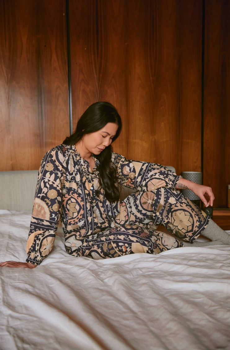 One Hundred Stars Cotton Pyjama Set in Charcoal Susani Print - PJSSUSCHA