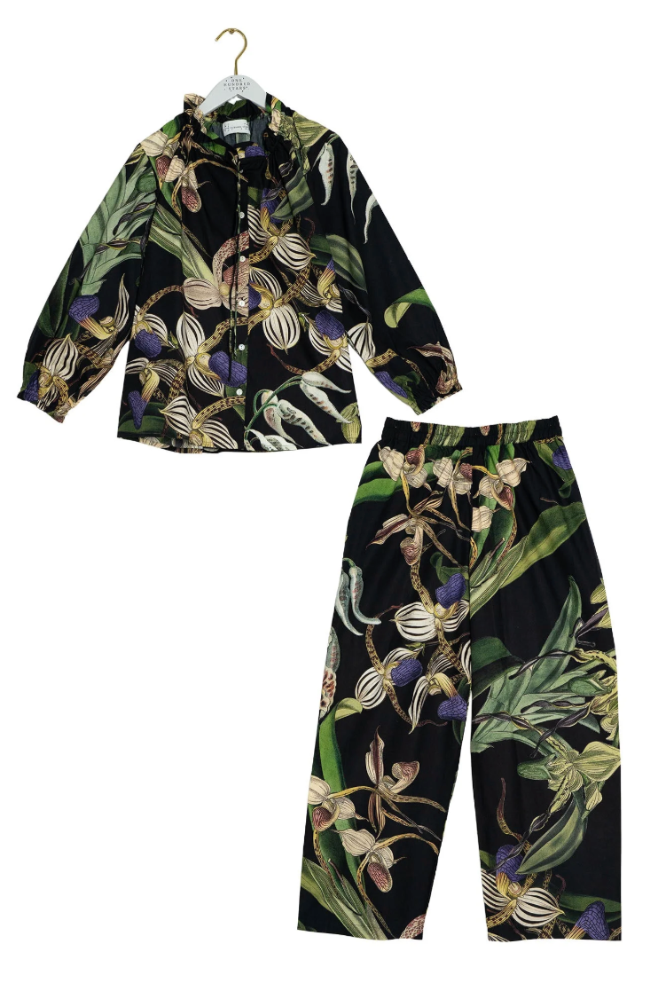 One Hundred Stars Cotton Pyjama Set in Black Orchid Print - PJSORCBLK