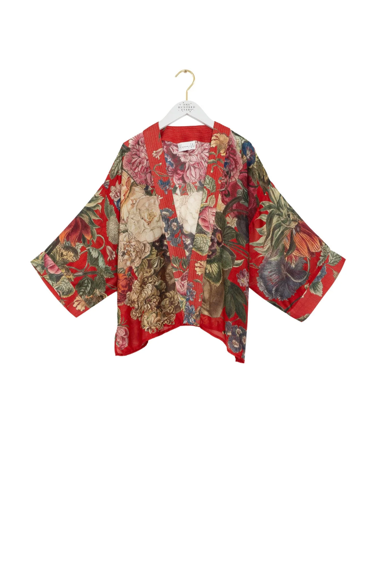 One Hundred Stars Print Short Kimono Jacket in Berry Primula Print - KIMPRIBER
