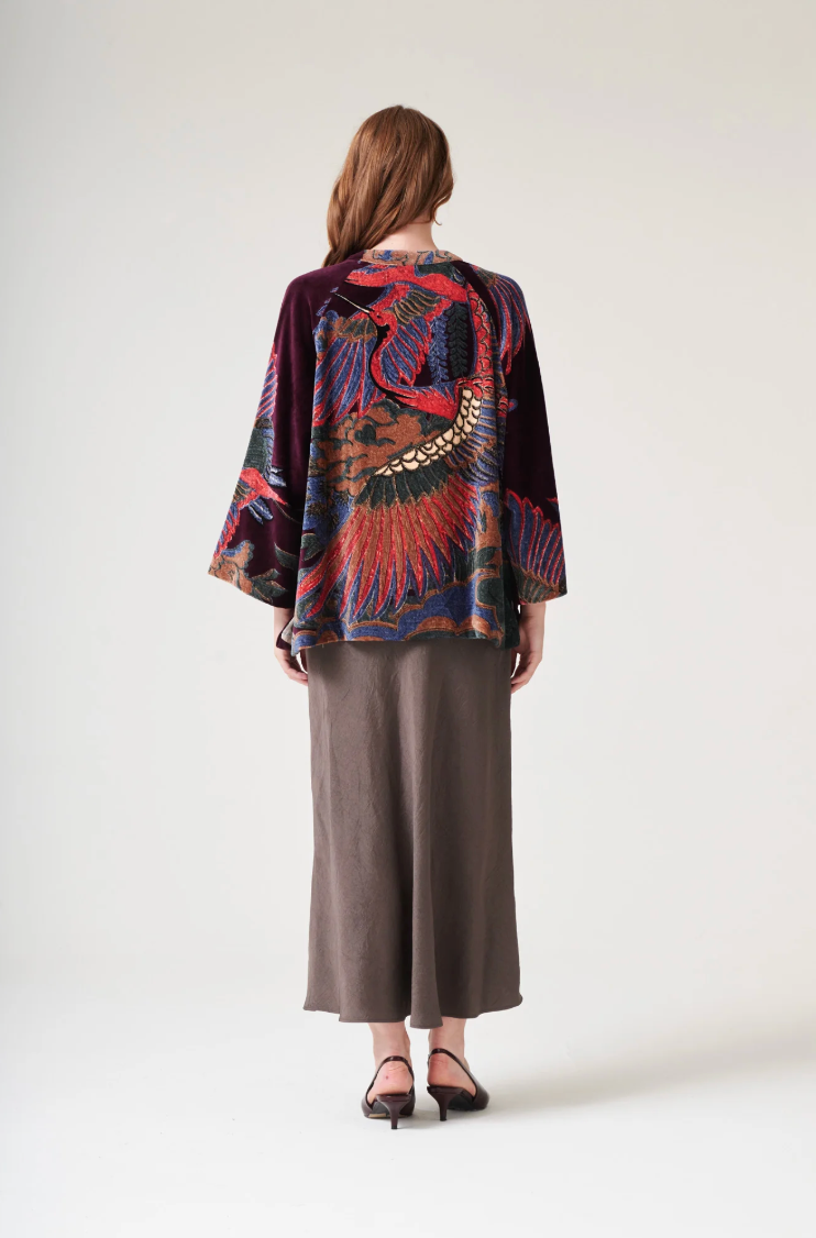 One Hundred Stars Short Velvet Mandarin Jacket in Berry Burgundy Crane Print - One Size - VJKCRAPLU