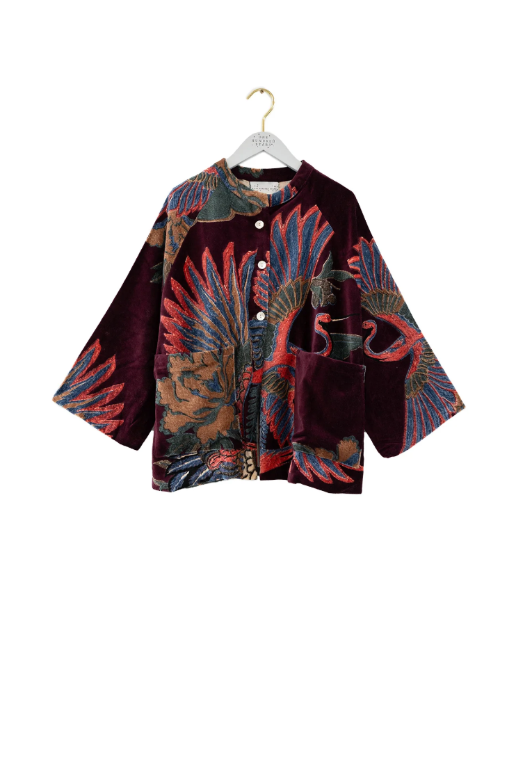 One Hundred Stars Short Velvet Mandarin Jacket in Berry Burgundy Crane Print - One Size - VJKCRAPLU