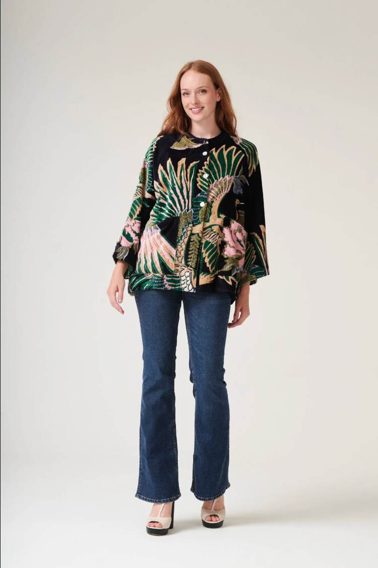 One Hundred Stars Short Velvet Mandarin Jacket in Berry Burgundy Crane Print - One Size - VJKCRAPLU (Copy)