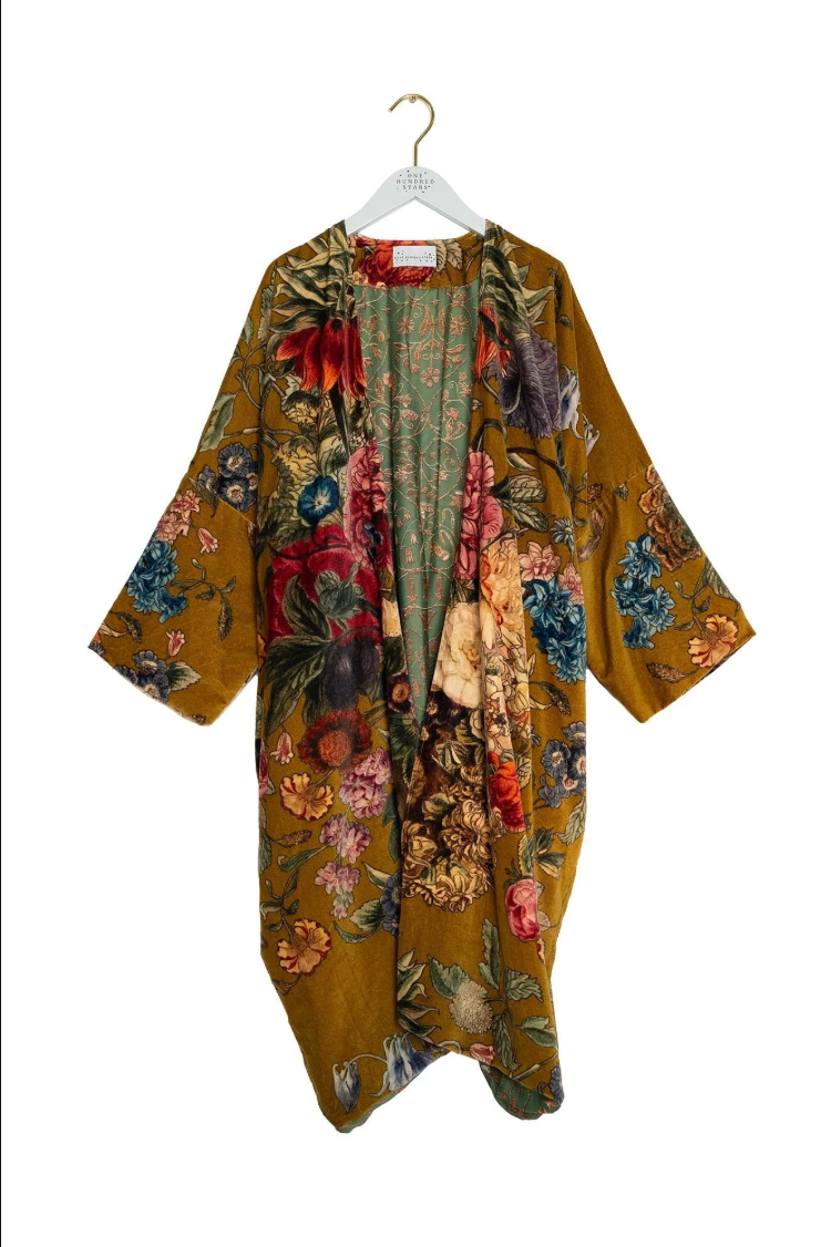 Velvet Grande Pocket Kimono in Gold Primula Print - VGRPRIGOL