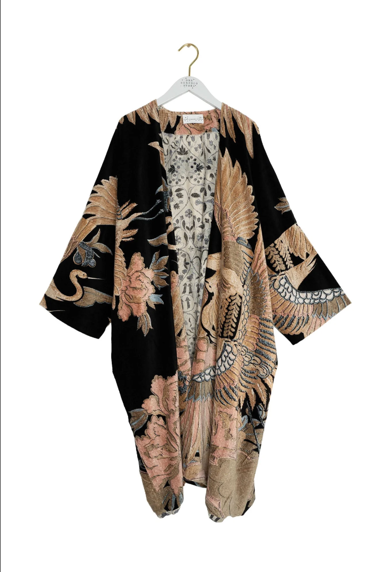 Velvet Grande Pocket Kimono in Black Crane Print - VGRCRABLK