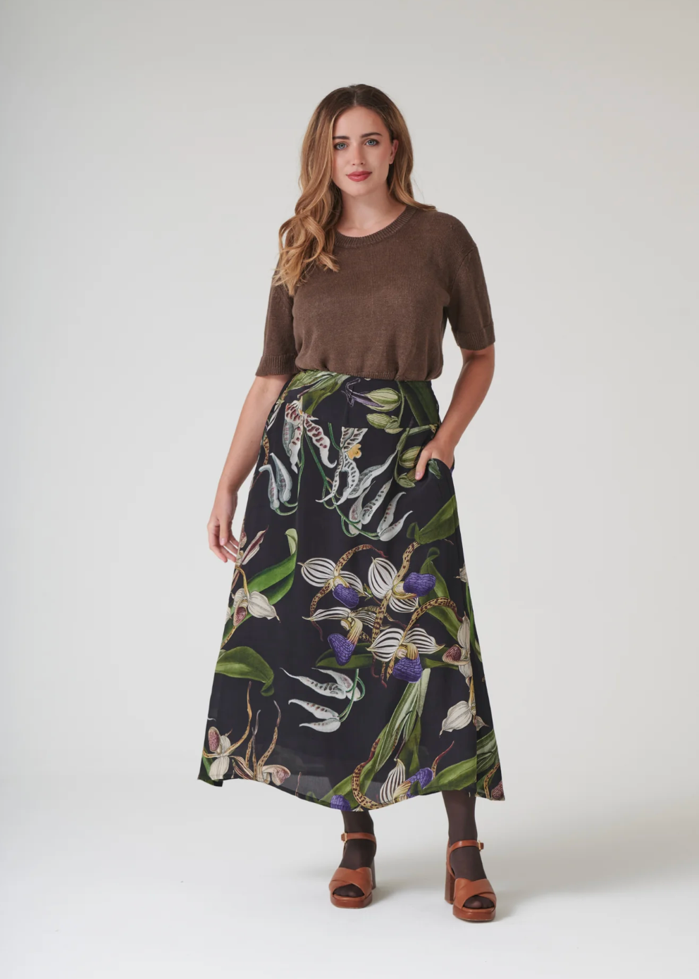 One Hundred Stars Orchid Black A-line Maxi Skirt- SKIORCBLK