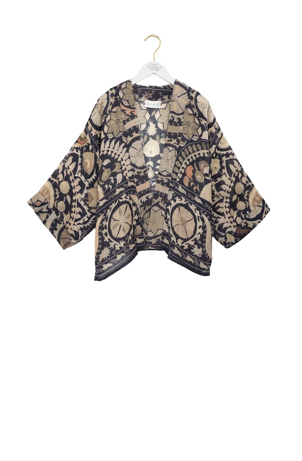 WOOL Short Kimono in Charcoal susani Print - WKMSUSCHA