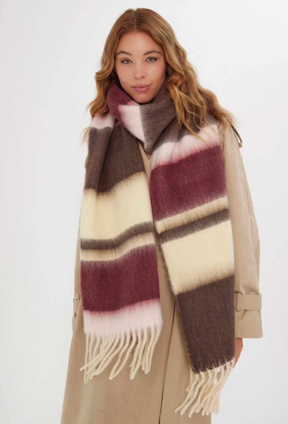 BIANCA Fluffy Soft Chunky Scarf in Burgundy Stripe