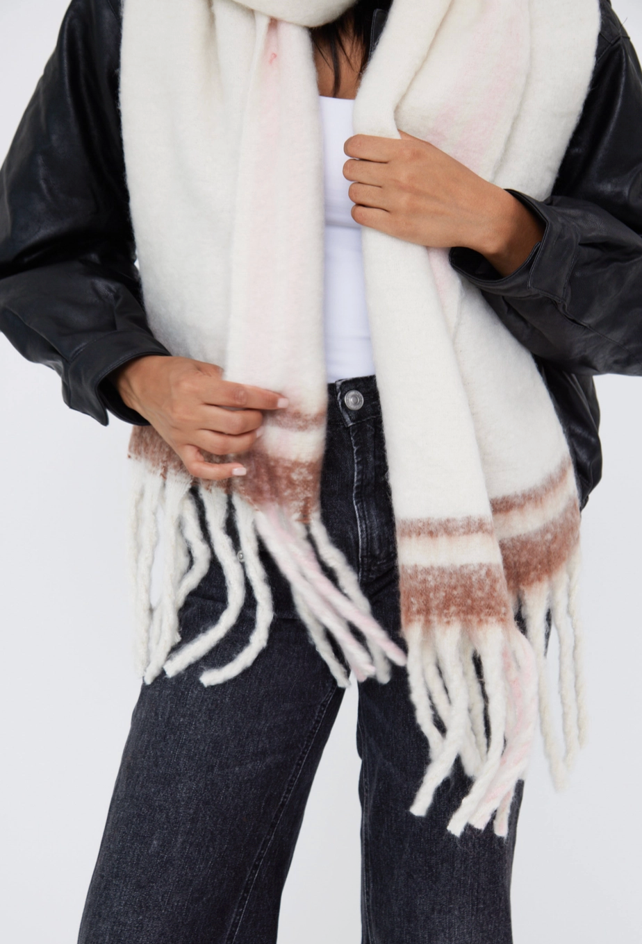 BIANCA Fluffy Soft Chunky Cream Scarf in Light Pink and Beige Stripe