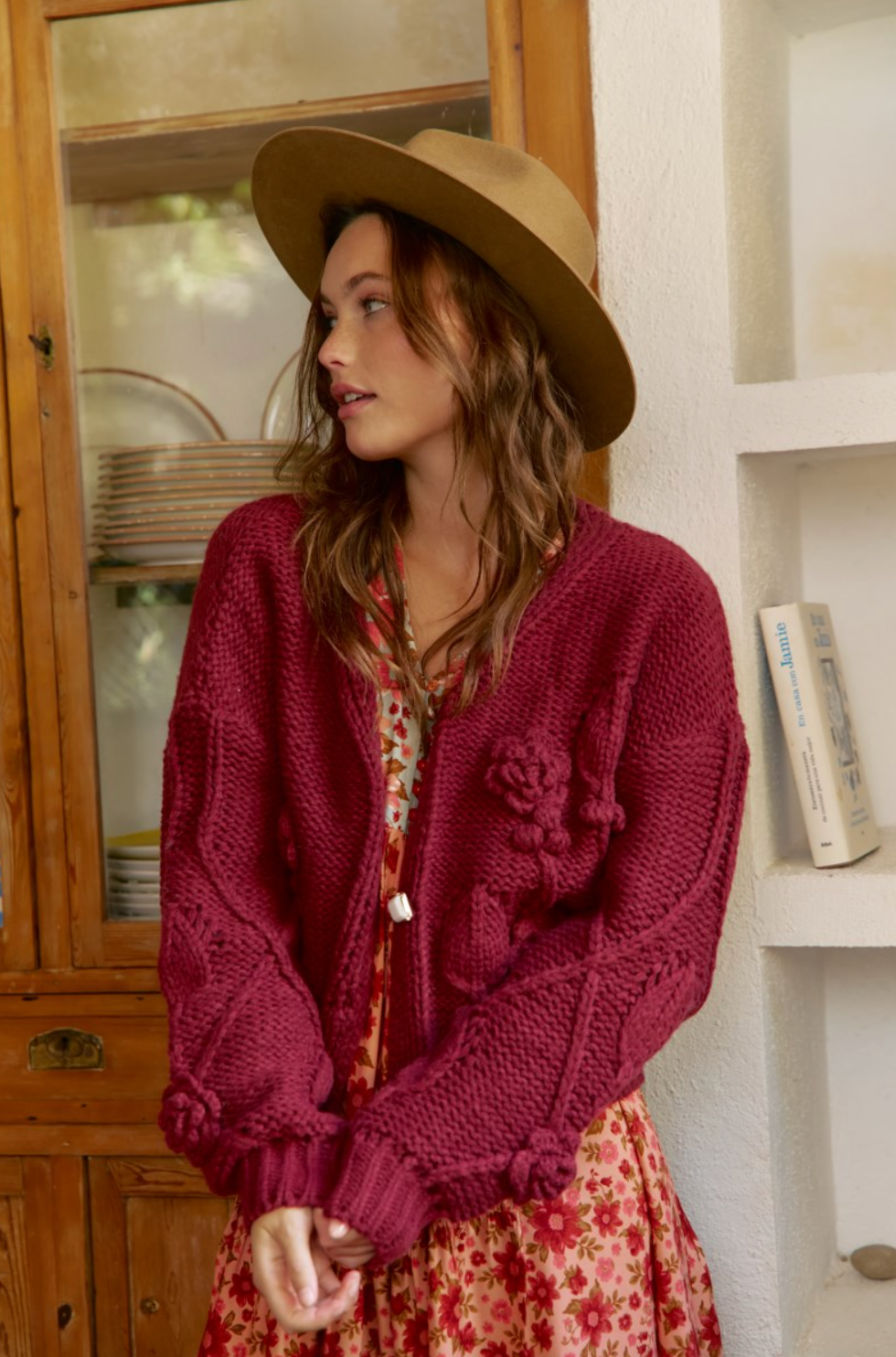 CHELSEA Knit Button Down Crop Cardigan in Maroon Red - 5299