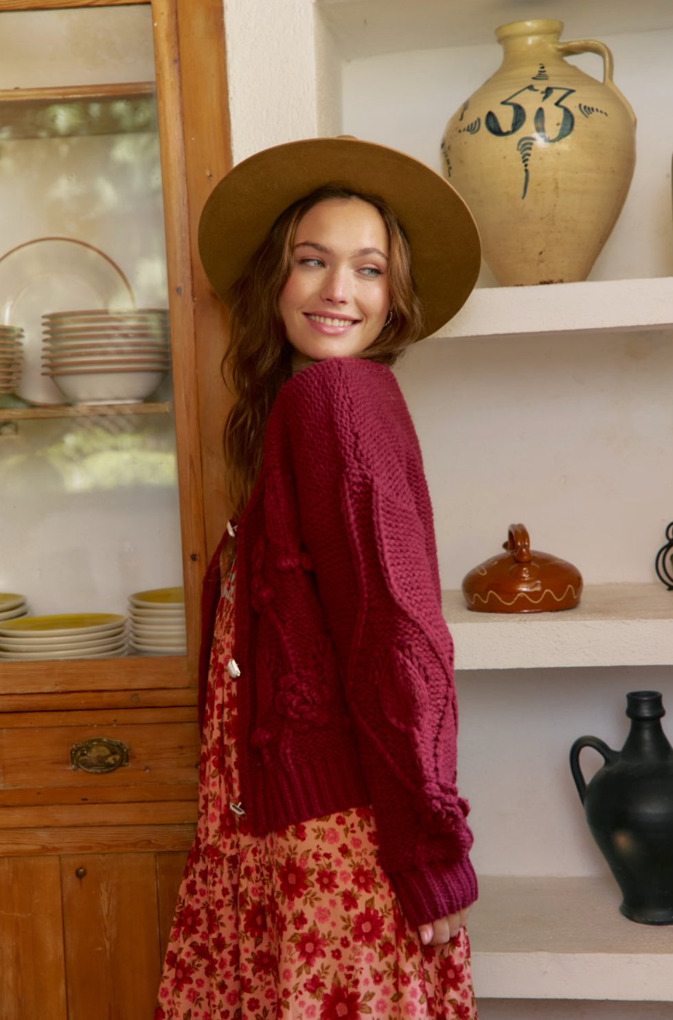 CHELSEA Knit Button Down Crop Cardigan in Maroon Red - 5299