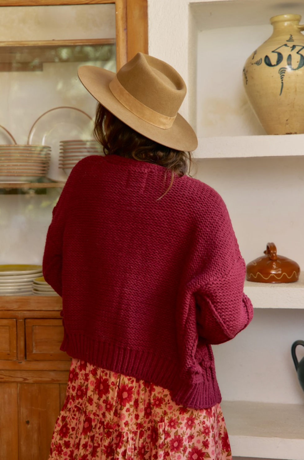 CHELSEA Knit Button Down Crop Cardigan in Maroon Red - 5299