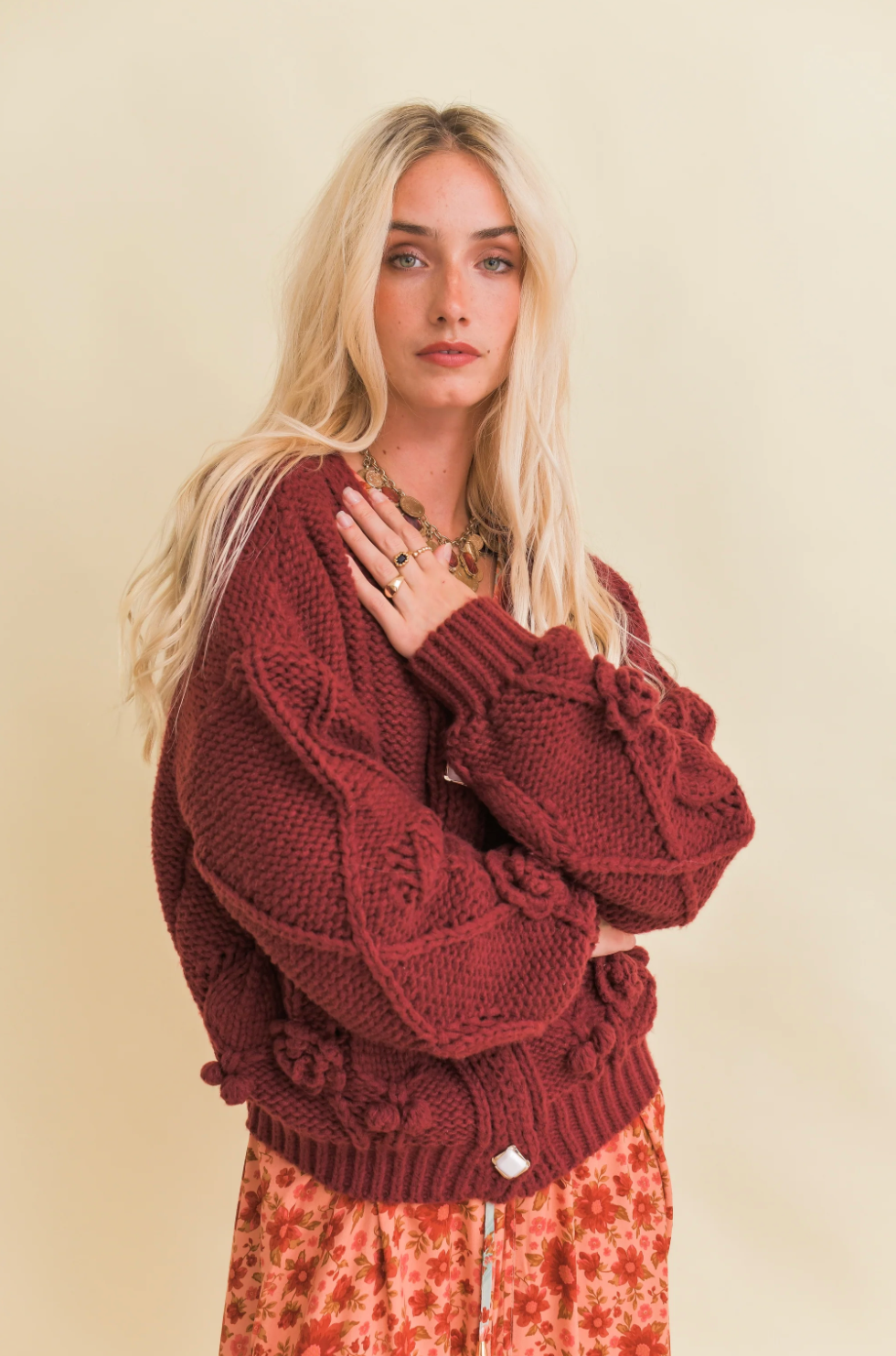 CHELSEA Knit Button Down Crop Cardigan in Maroon Red - 5299