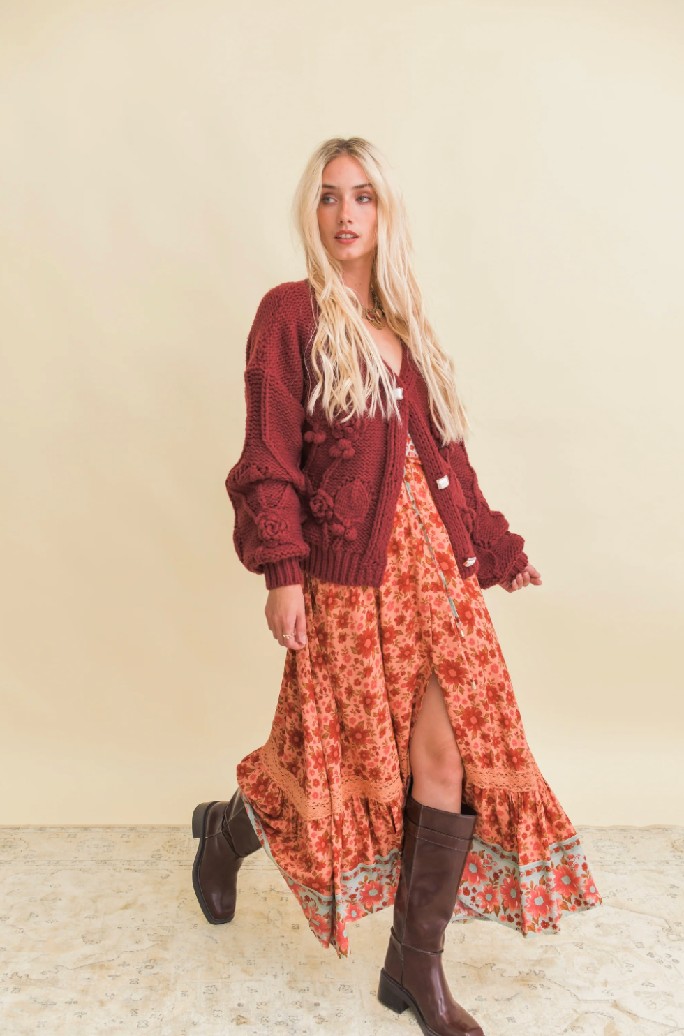 CHELSEA Knit Button Down Crop Cardigan in Maroon Red - 5299