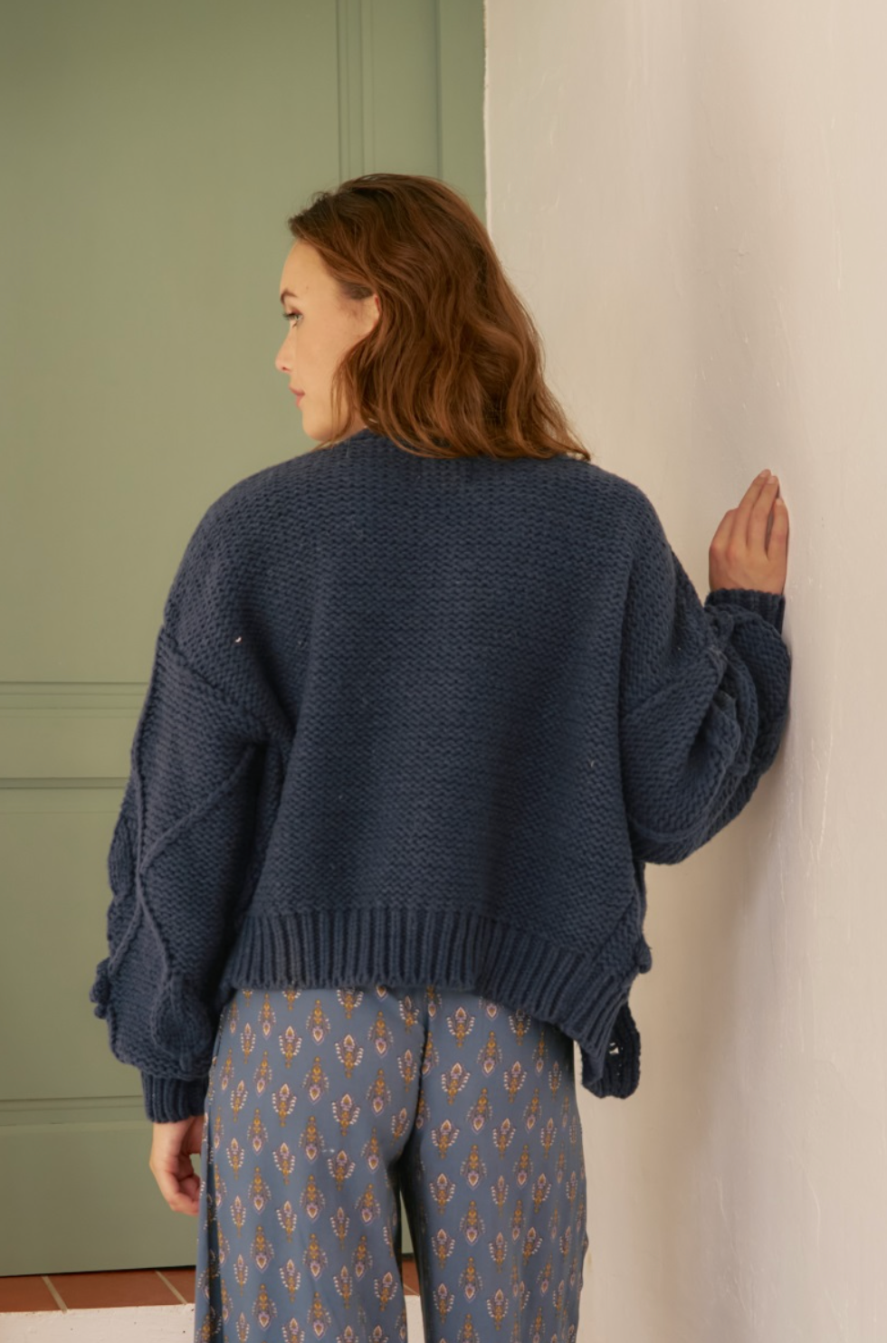 CHELSEA Knit Button Down Crop Cardigan in Navy Blue - 5299