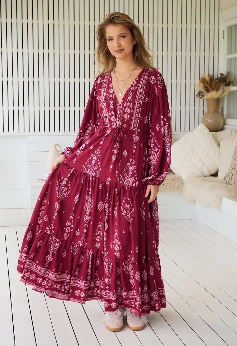 RHUBARB Print Teresa Maxi Dress in Burgundy and Pink