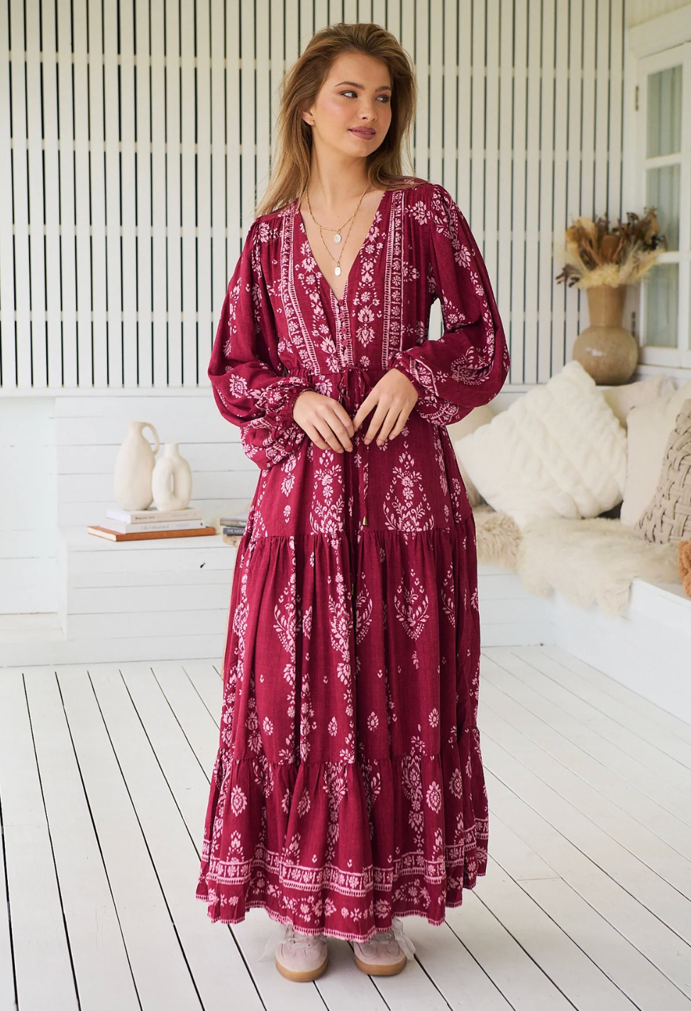 RHUBARB Print Teresa Maxi Dress in Burgundy and Pink
