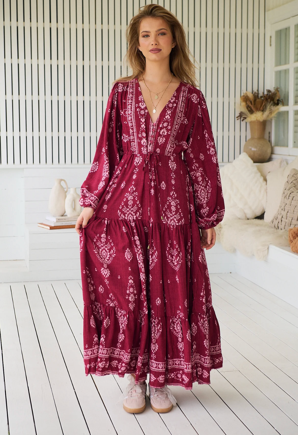 RHUBARB Print Teresa Maxi Dress in Burgundy and Pink