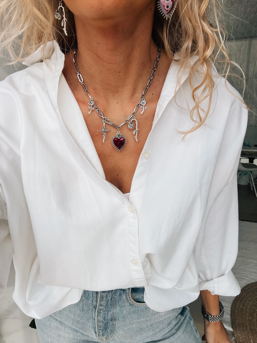 NOESIS Silver Heart and Rose Charm Necklace