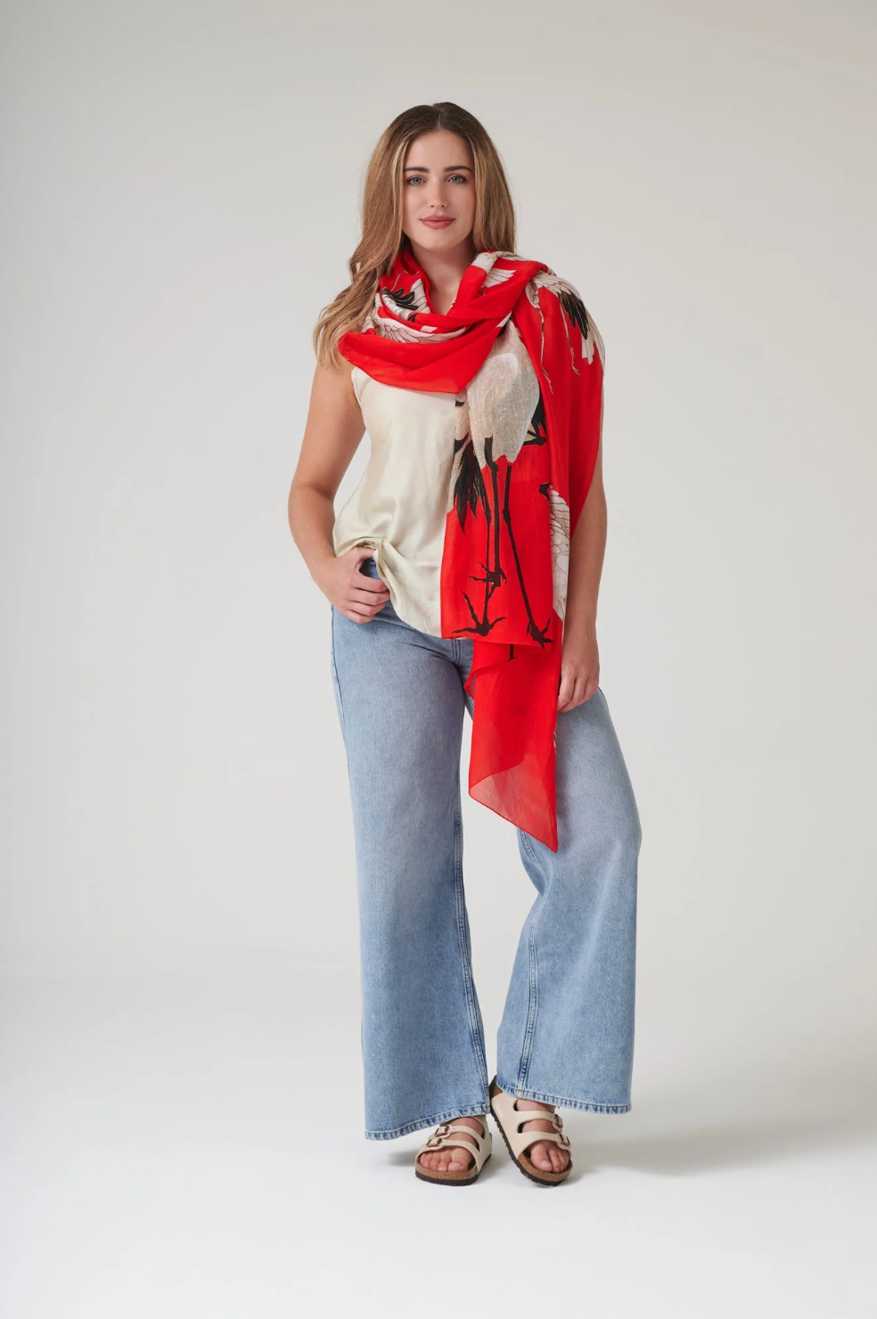 Printed Scarf in Red Scarlet Stork Print by One Hundred Stars - SCASTOSCA