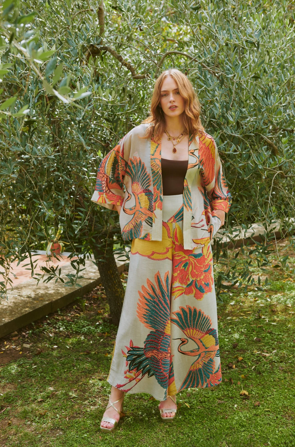 One Hundred Stars Cotton Palazzo Trousers in Stone Crane Print - PPSCRASTN
