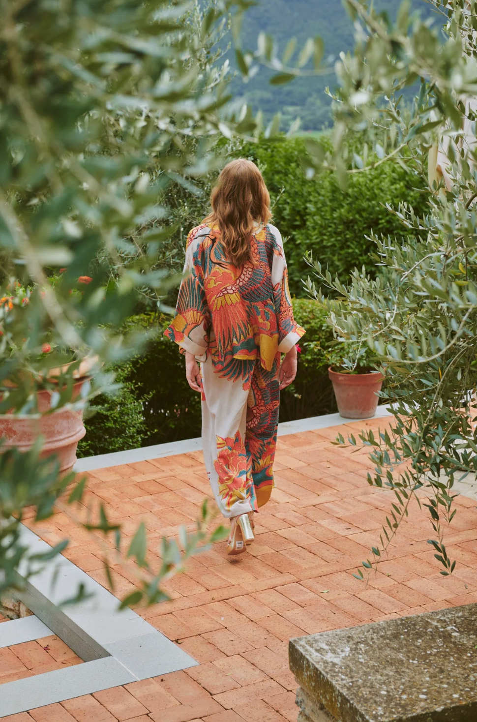 One Hundred Stars Cotton Palazzo Trousers in Stone Crane Print - PPSCRASTN