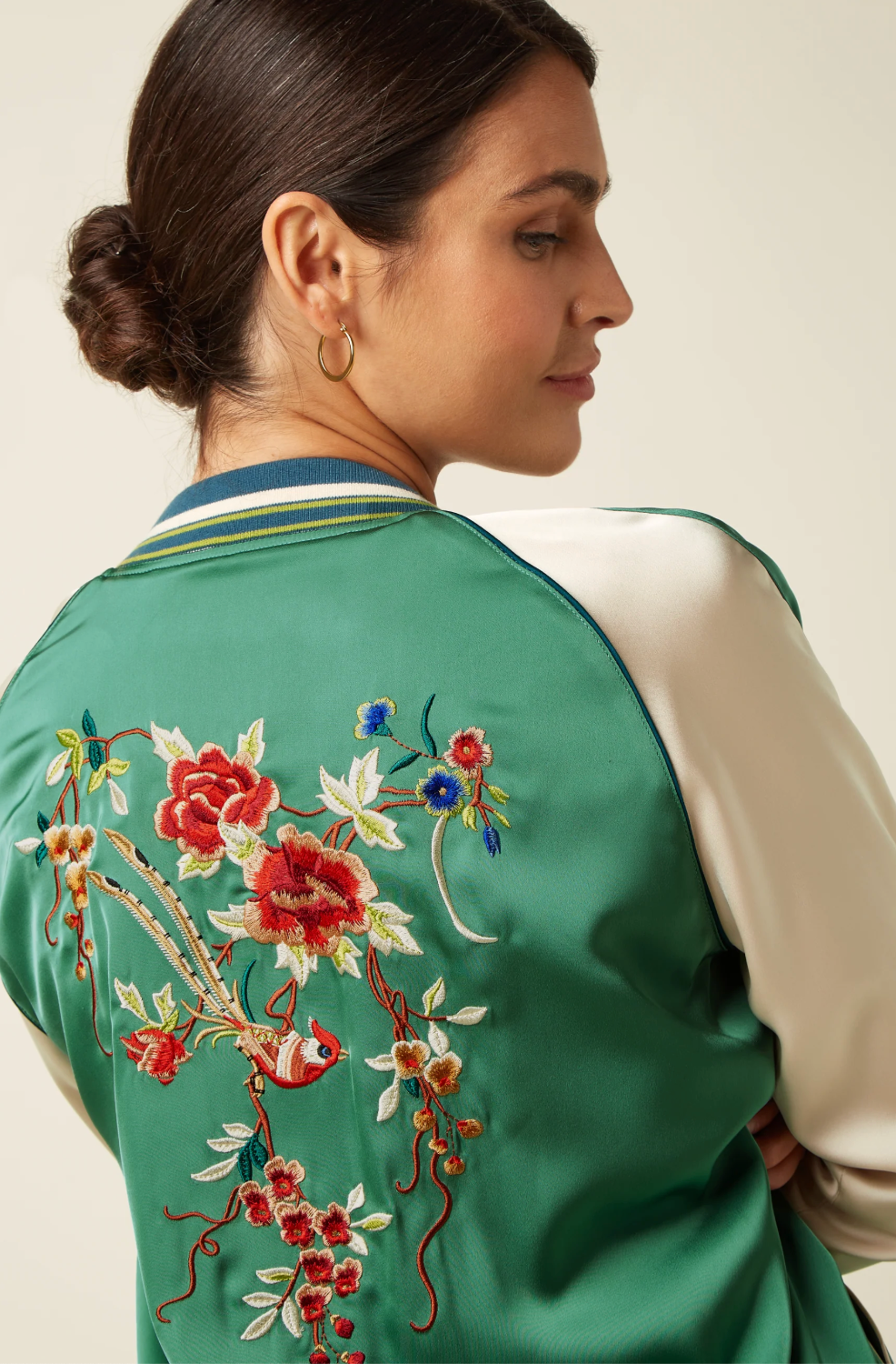 LAZOU Silky Reversible Embroidered Bomber jacket in Fir Green and Blue