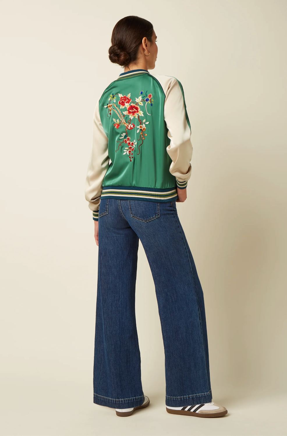 LAZOU Silky Reversible Embroidered Bomber jacket in Fir Green and Blue